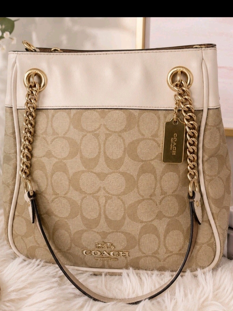 Coach Cammie C8152 Beige Signature Canvas Chain Bucket Bag
